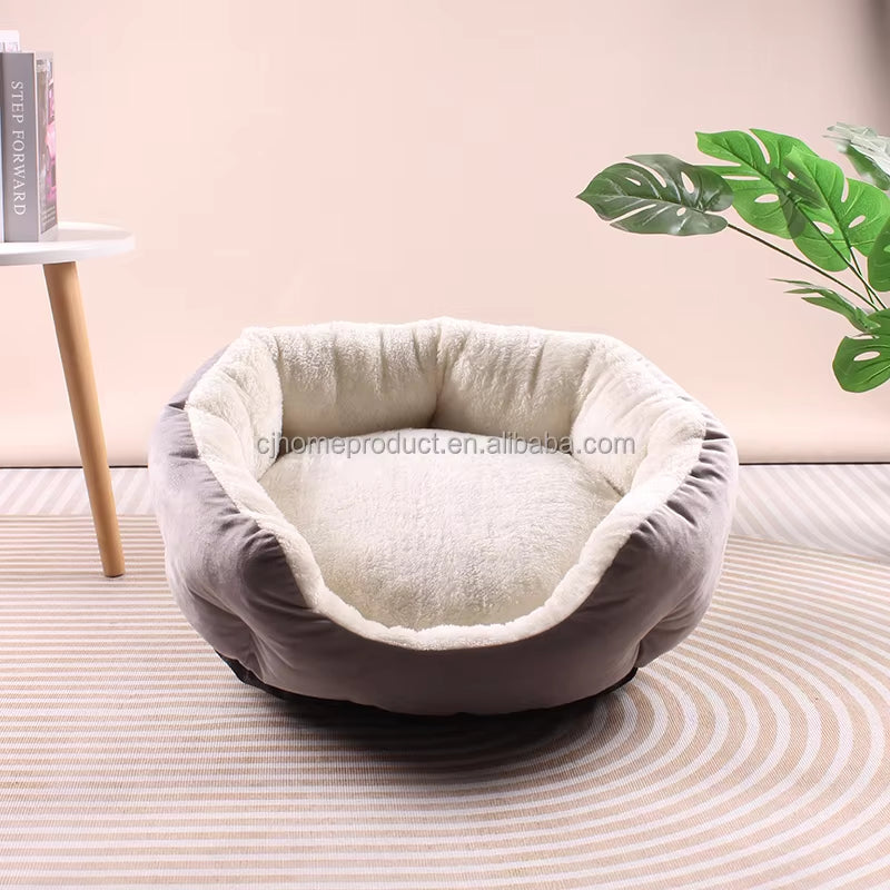 Modern Winter Solid Soft Washable Fabric Pet Bed for Dogs and Cats round Shape Box Packaging