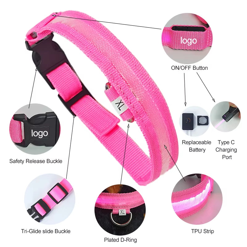 Electronic Pet LED Dog Collar Adjustable Flash Recharge Pet Collars Reflective LED Collars for Dogs Night Anti-Lost Dog Products