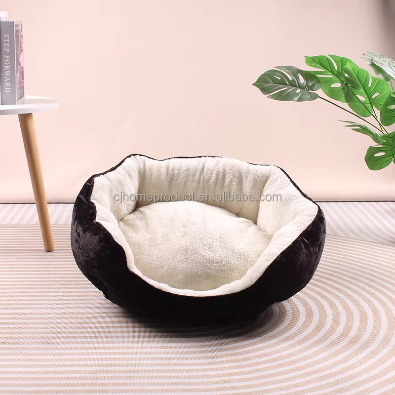 Modern Winter Solid Soft Washable Fabric Pet Bed for Dogs and Cats round Shape Box Packaging
